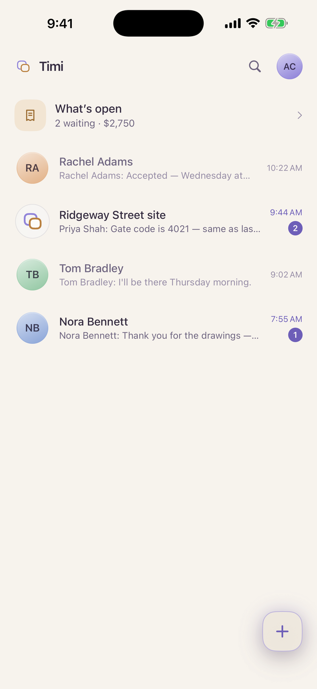 The Timi channel list: What's open at the top, then one channel per client and job