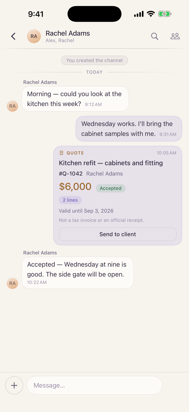 A channel with Rachel Adams: a $6,000 kitchen-refit quote card marked Accepted, and her message confirming Wednesday