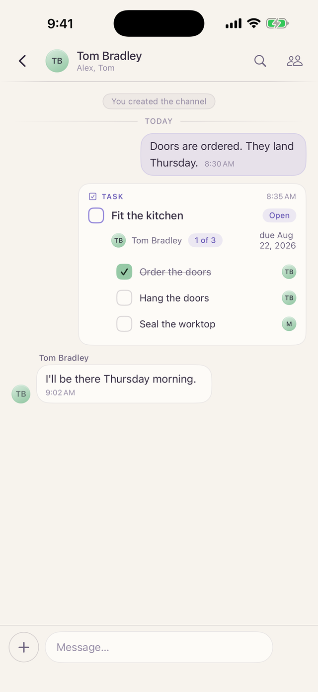 A task card, Fit the kitchen: three sub tasks with people on each, one ticked off
