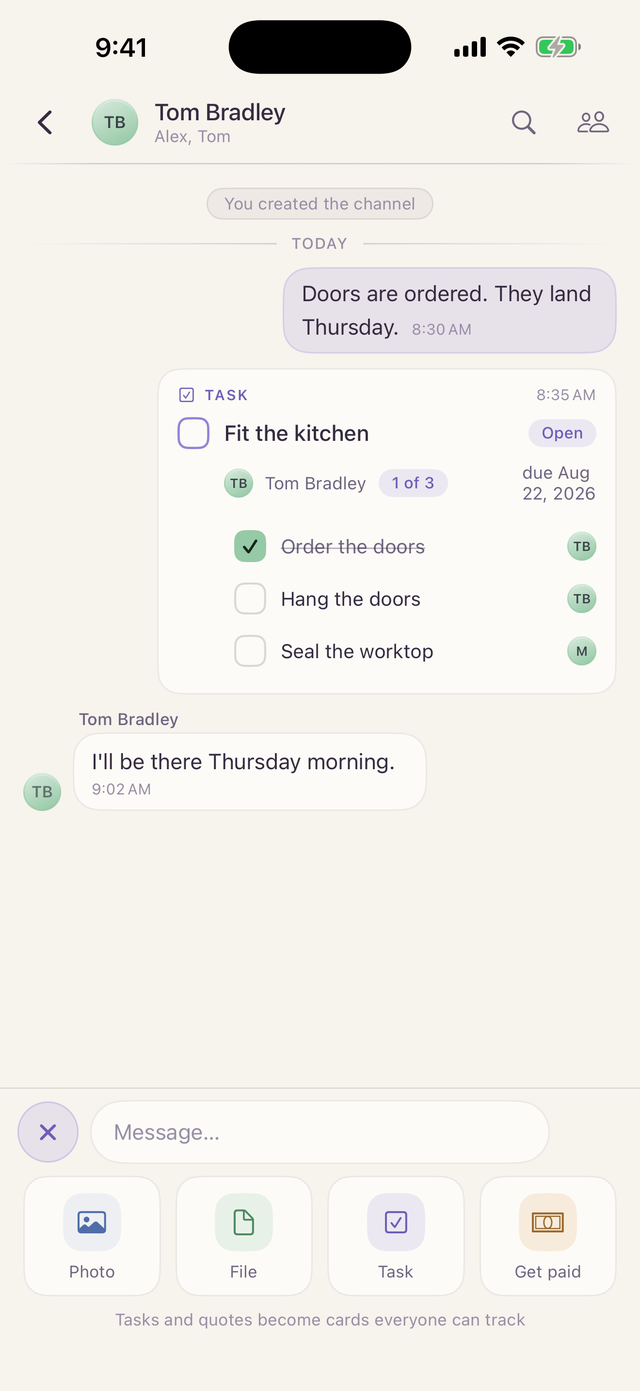 The composer tray in a channel: Photo, File, Task and Get paid, one tap from the message box