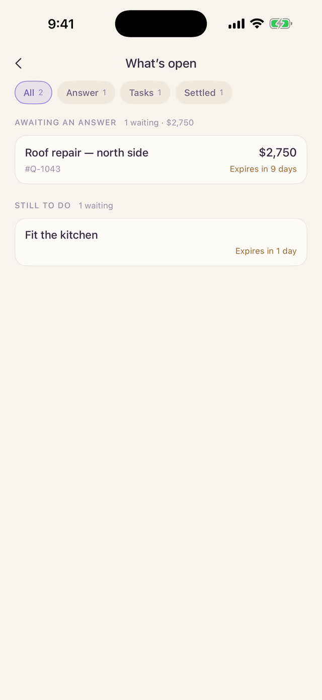 The What's open screen: a quote awaiting an answer and a task still to do, with amounts and expiry